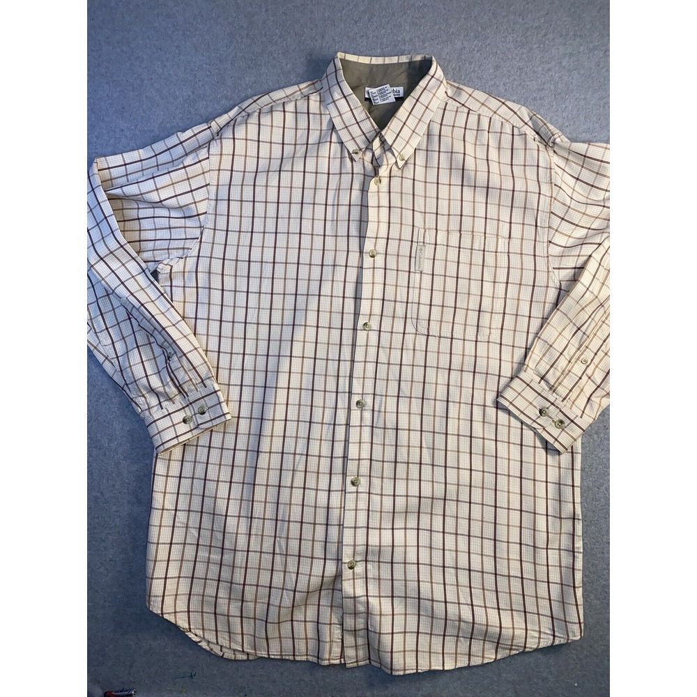 Columbia Button Up Shirt XLarge Adult Brown‎ Beige Plaid Pocket Long Sleeve Mens